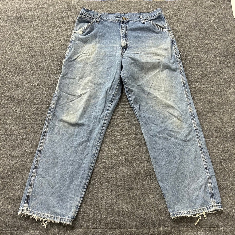 Wrangler Carpenter Jeans Mens 36x32 Blue Distressed Relaxed Fit Cotton Workwear